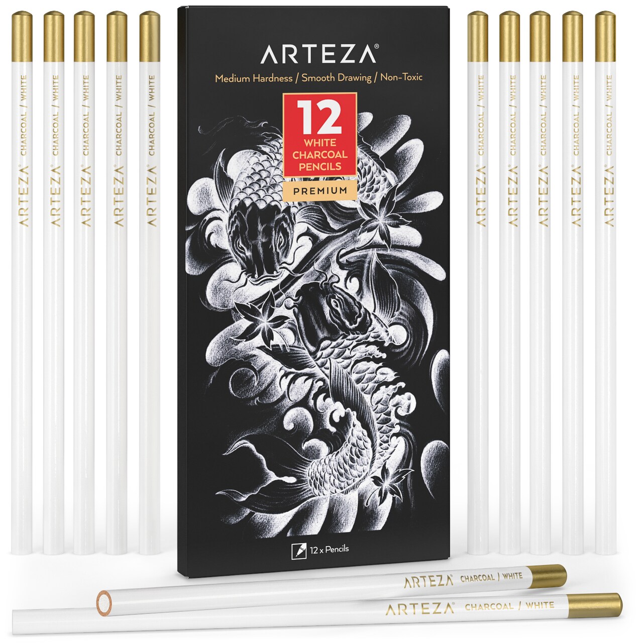 Arteza Premium White Charcoal Pencils for Drawing, Sketching, and Highlighting - 12 Pack